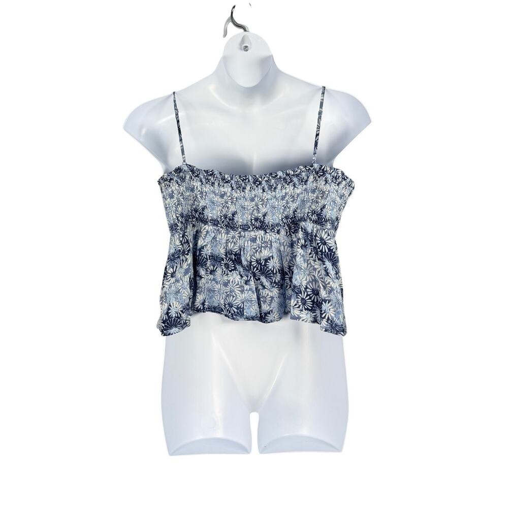 American Eagle Outfitters Tank Top XXL Blue Tropical Print Smocked Cropped - Picture 5 of 9